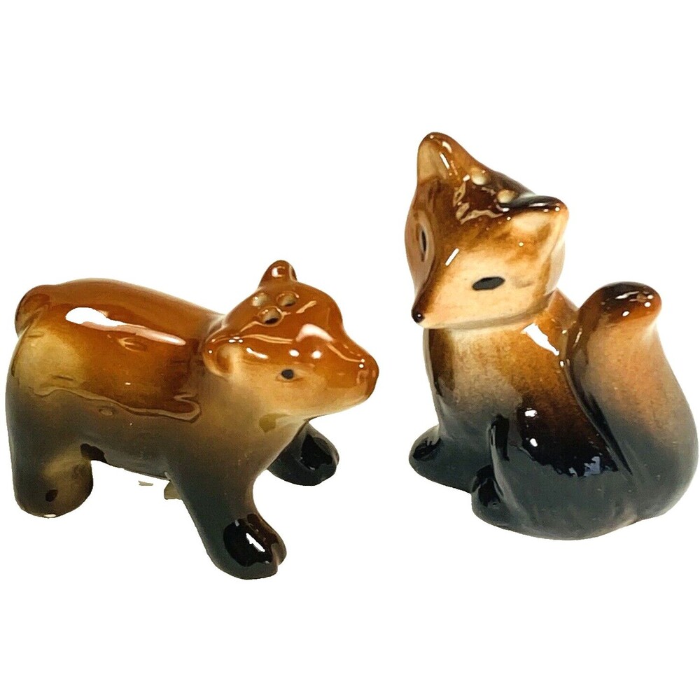 Fox and Bear Salt and Pepper Shakers NEW Ceramic 3" Woodland Animals Cabin Decor
